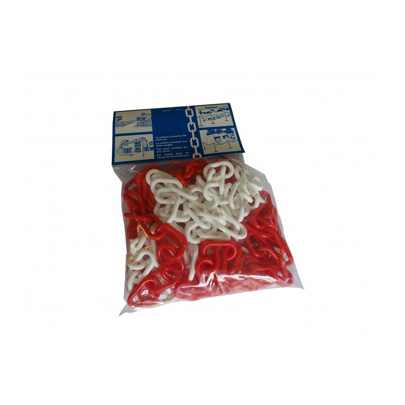 6mm červeno bílý plastový řetěz 5bm + 2 univerzální spojky baleno v sadě