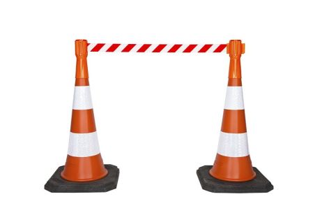 Červený nástavec na dopravní kužel s bílo-červenou výsuvnou páskou 3 m